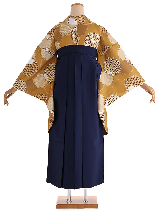 小学生卒業式袴レンタル からし 雪輪×紺刺繍袴 Z420