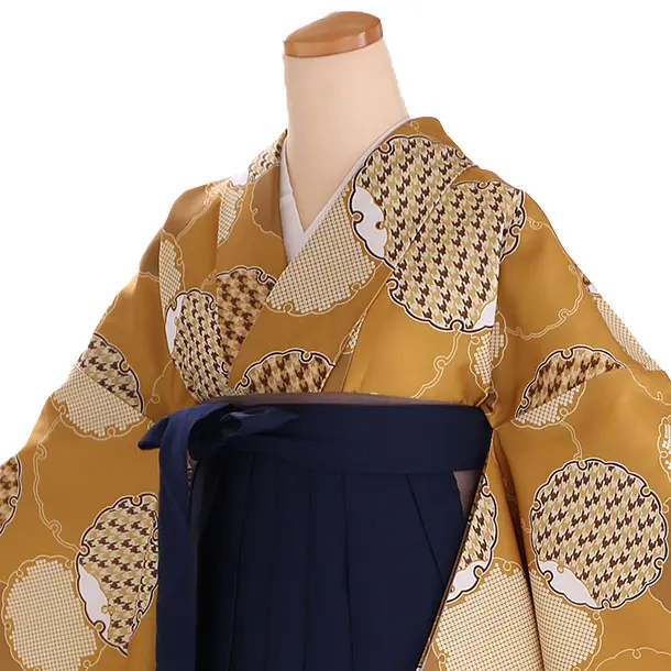 小学生卒業式袴レンタル からし 雪輪×紺刺繍袴 Z420