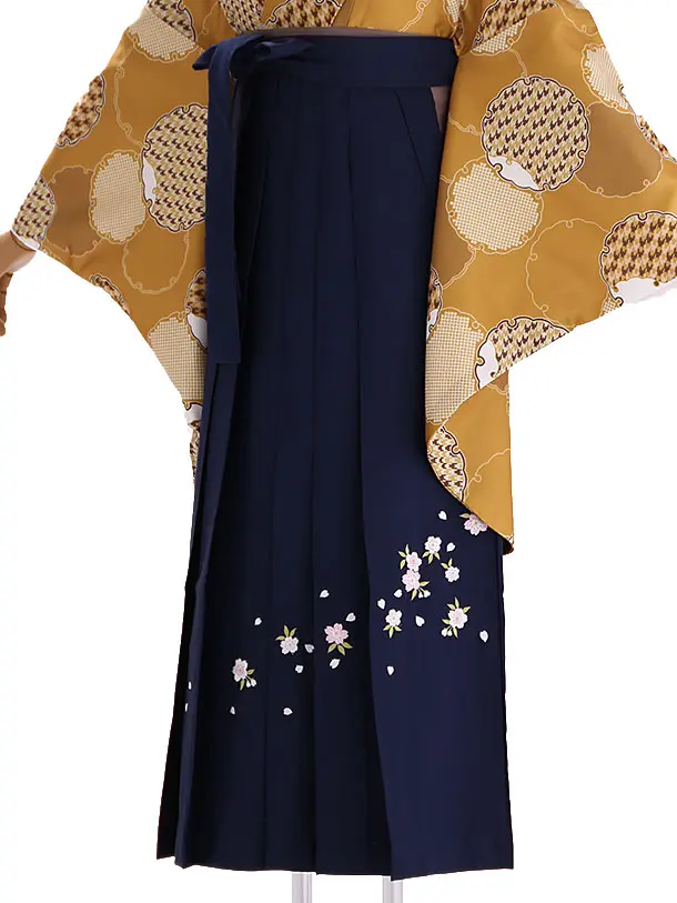 小学生卒業式袴レンタル からし 雪輪×紺刺繍袴 Z420