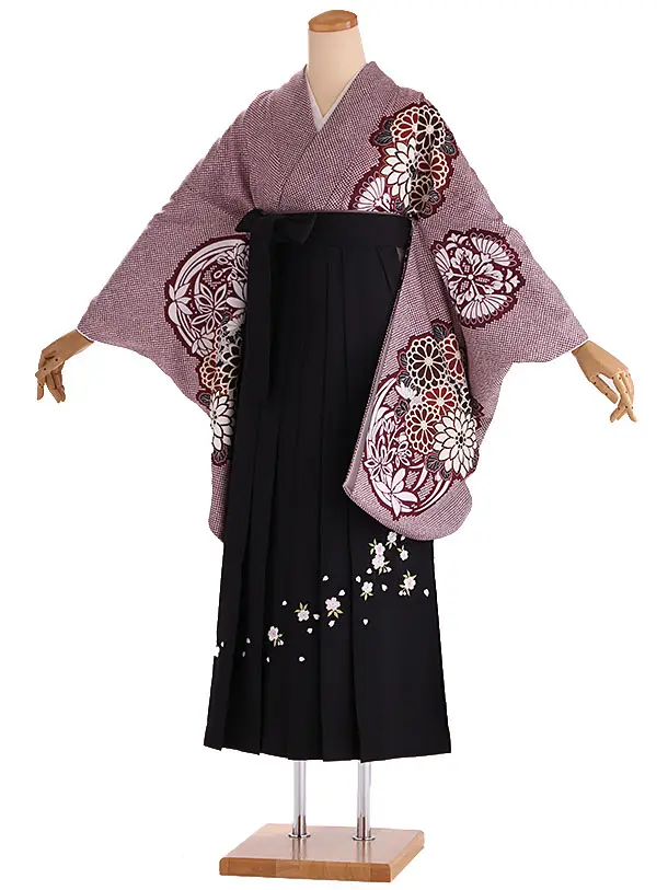 小学生卒業式袴レンタル 赤 鹿の子に華紋×黒刺繍袴 Z422