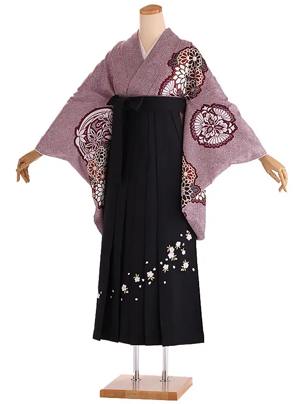 小学生卒業式袴レンタル 赤 鹿の子に華紋×黒刺繍袴 Z422