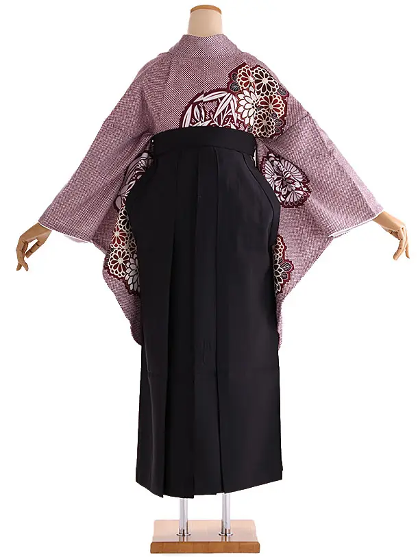 小学生卒業式袴レンタル 赤 鹿の子に華紋×黒刺繍袴 Z422