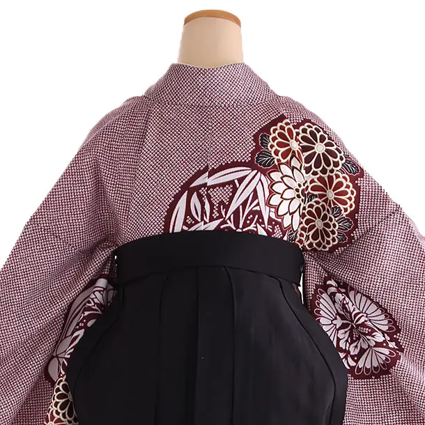 小学生卒業式袴レンタル 赤 鹿の子に華紋×黒刺繍袴 Z422