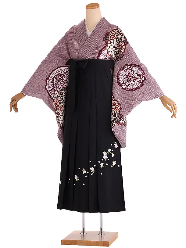 小学生卒業式袴レンタル 赤 鹿の子に華紋×黒刺繍袴 Z422