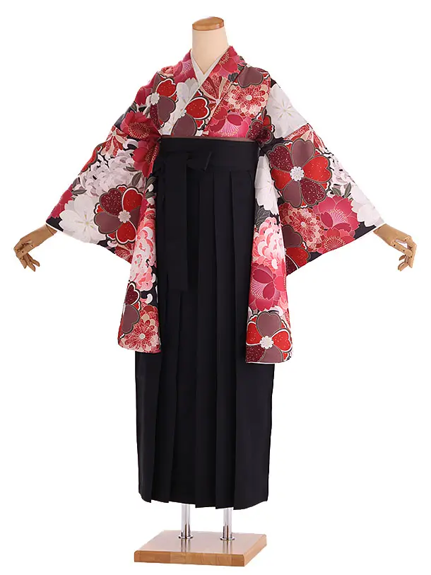 小学生卒業式袴レンタル 赤 菊に桜×黒袴 Z423
