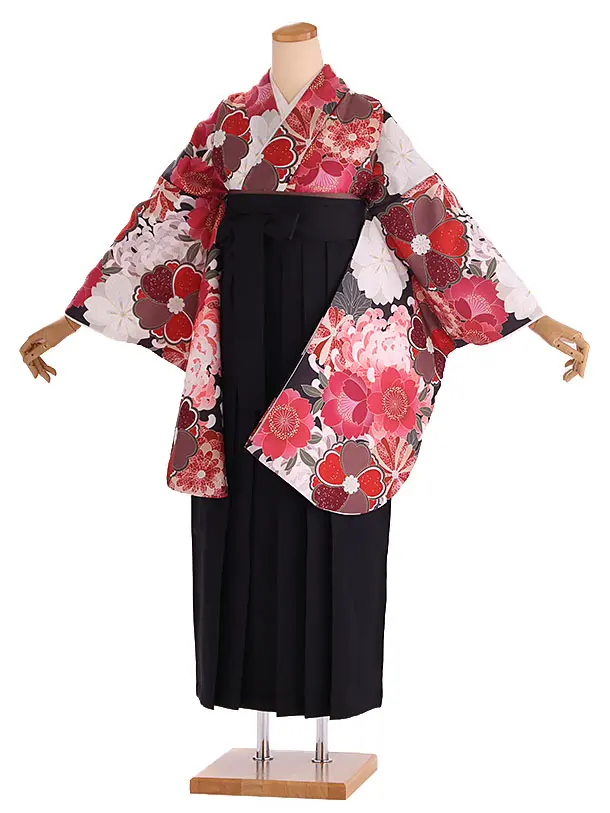 小学生卒業式袴レンタル 赤 菊に桜×黒袴 Z423