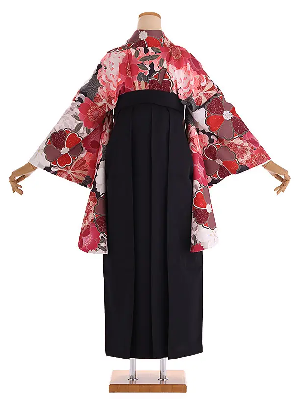 小学生卒業式袴レンタル 赤 菊に桜×黒袴 Z423