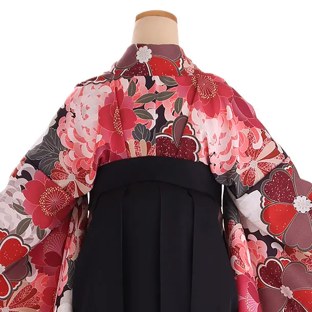 小学生卒業式袴レンタル 赤 菊に桜×黒袴 Z423