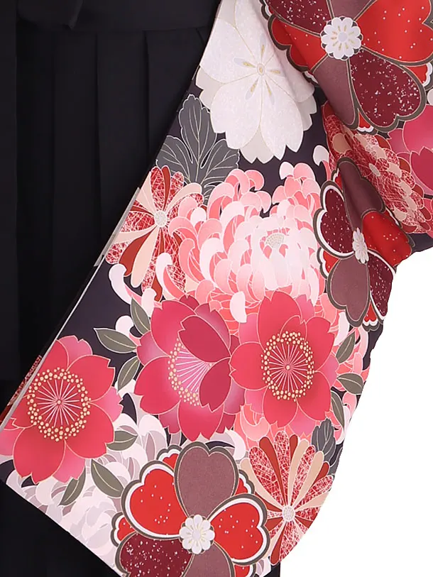 小学生卒業式袴レンタル 赤 菊に桜×黒袴 Z423
