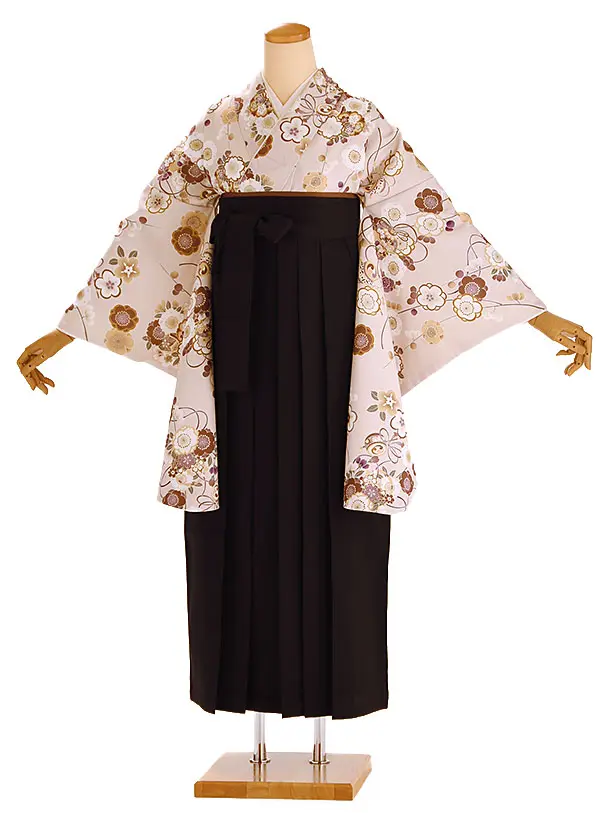 小学生卒業式袴レンタル ベージュ 梅に桜×黒袴 Z424