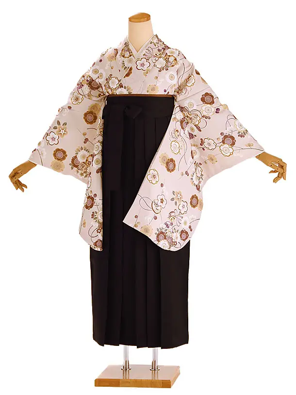 小学生卒業式袴レンタル ベージュ 梅に桜×黒袴 Z424