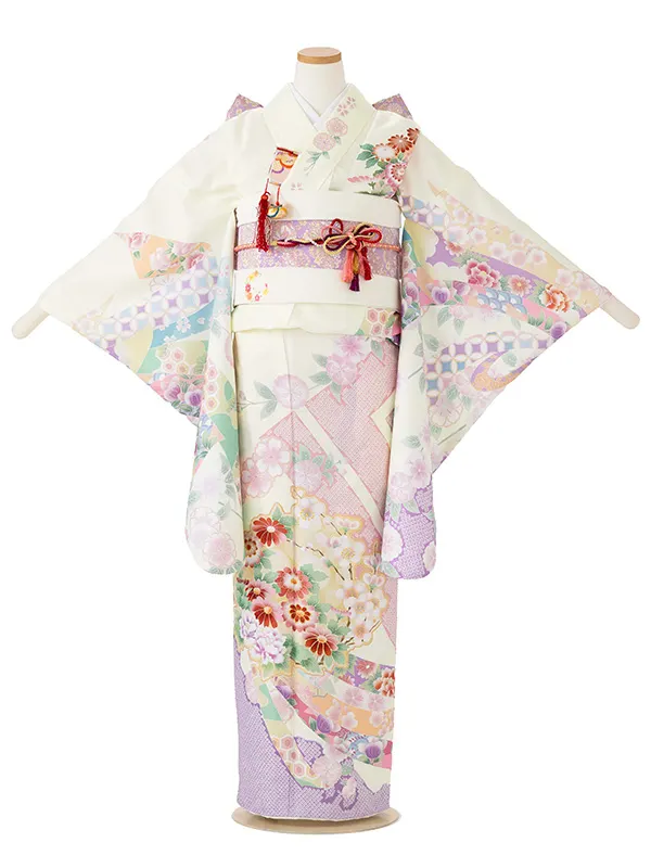 ジュニア着物レンタル（10歳前後女子結び帯）式部浪漫 ベージュ 源氏香 Z004