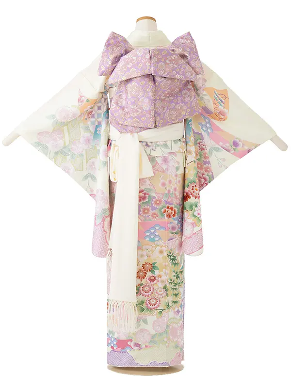 ジュニア着物レンタル（10歳前後女子結び帯）式部浪漫 ベージュ 源氏香 Z004