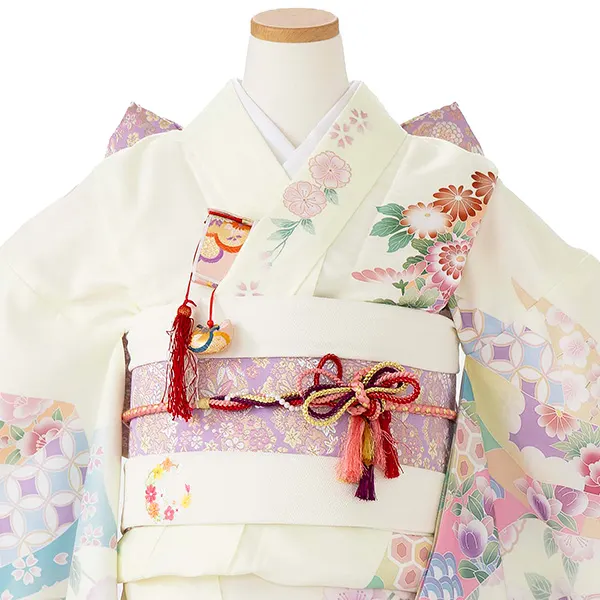 ジュニア着物レンタル（10歳前後女子結び帯）式部浪漫 ベージュ 源氏香 Z004