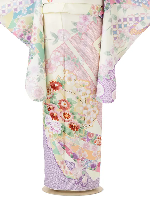 ジュニア着物レンタル（10歳前後女子結び帯）式部浪漫 ベージュ 源氏香 Z004