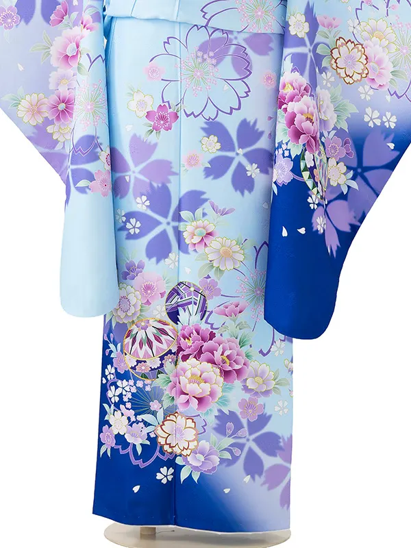 ジュニア着物レンタル（10歳前後女子結び帯）水色 桜に牡丹とまり Z006