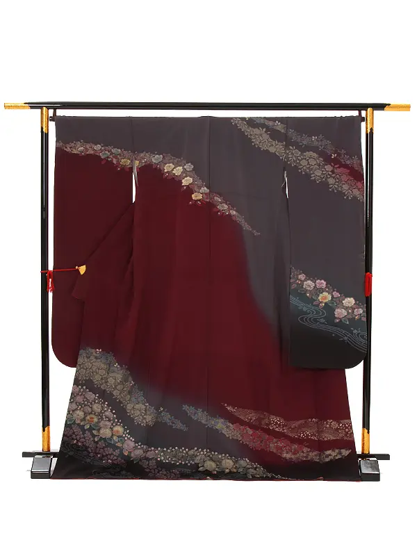 【正絹】卒業式女性袴 振袖袴 グレー 辻が花/黒袴 0081