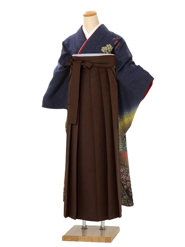【正絹】卒業式女性袴 振袖袴 紺 四季花/茶袴 0082