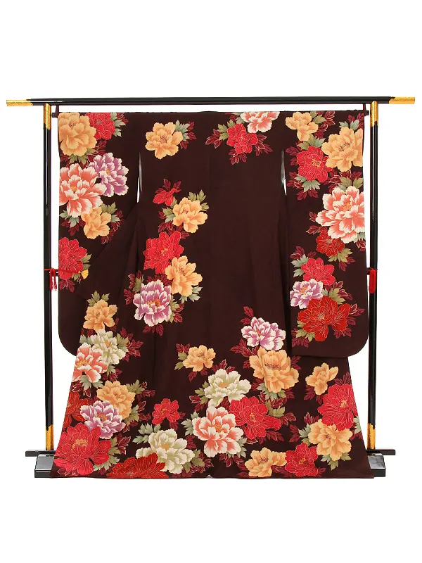 【正絹】卒業式女性袴 振袖袴 茶 牡丹/ベージュ袴 0084
