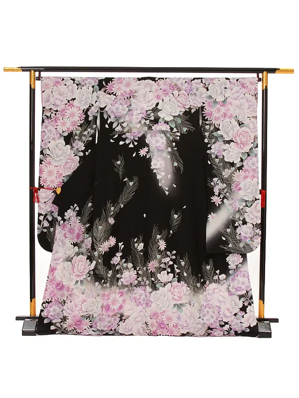 【正絹】卒業式女性袴 振袖袴 黒 菊 薔薇/ベージュ袴 0085