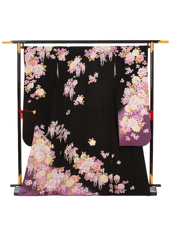 【正絹】卒業式女性袴 振袖袴 黒 四季花 菊牡丹/茶袴 0086