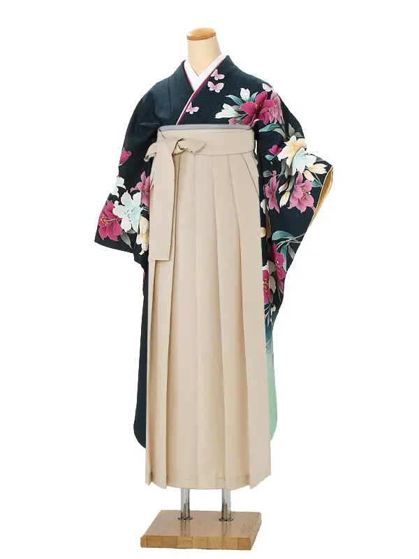【正絹】卒業式女性袴 振袖袴 青 百合 蝶/ベージュ袴 0087