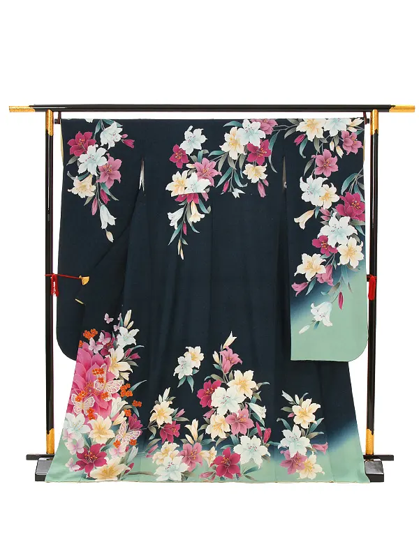 【正絹】卒業式女性袴 振袖袴 青 百合 蝶/ベージュ袴 0087