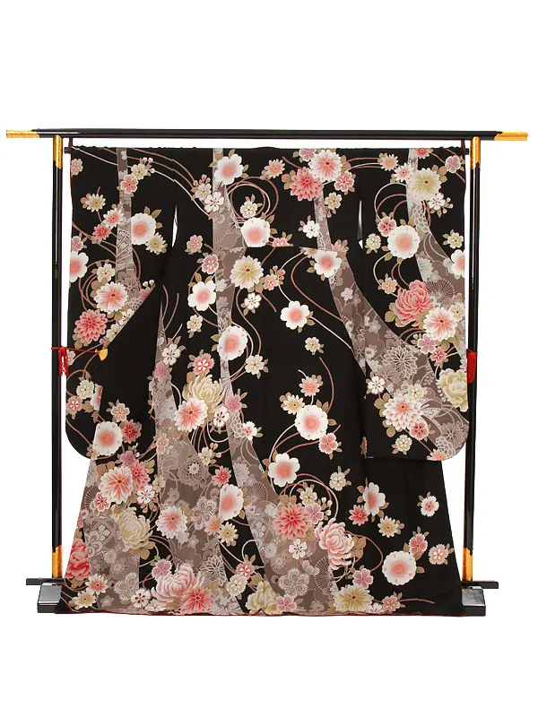 【正絹】卒業式女性袴 振袖袴 黒 菊 桜/ベージュ袴 0089