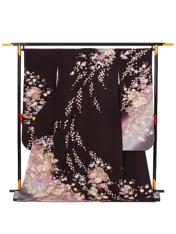 【正絹】卒業式女性袴 振袖袴 紫 桜 牡丹 菊/茶袴 0090