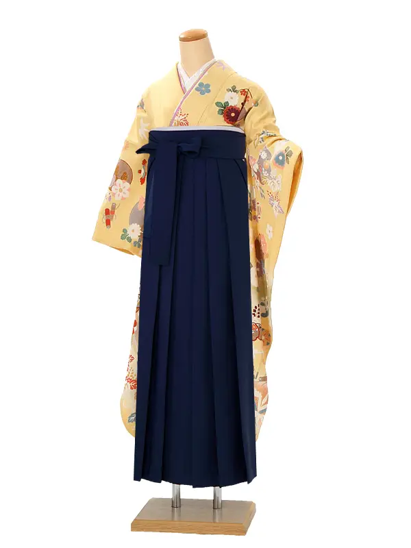 【正絹】卒業式女性袴 振袖袴 黄 桐菊梅宝尽くし/紺袴 0092