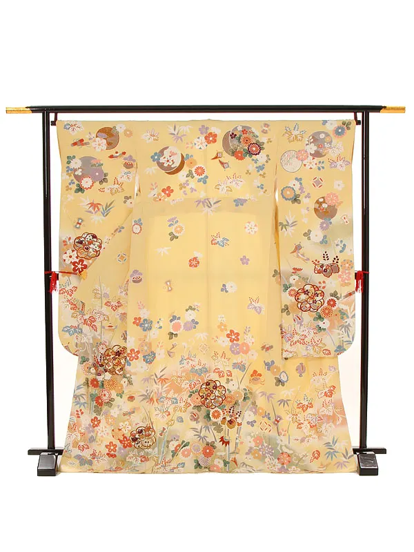 【正絹】卒業式女性袴 振袖袴 黄 桐菊梅宝尽くし/紺袴 0092