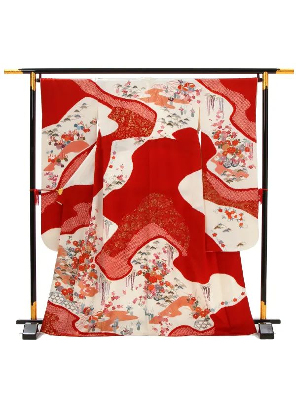 【正絹】卒業式女性袴 振袖袴 赤 菊牡丹 おしどり/紺袴 0095