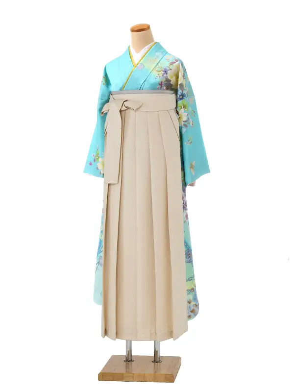 【正絹】卒業式女性袴 振袖袴 青 菊牡丹/ベージュ袴 0096