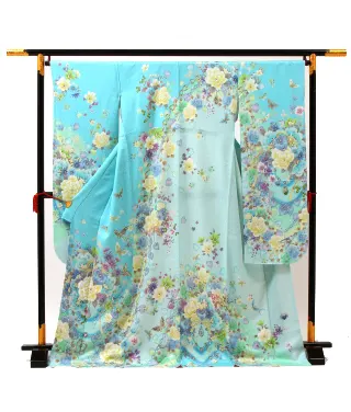 【正絹】卒業式女性袴 振袖袴 青 菊牡丹/ベージュ袴 0096