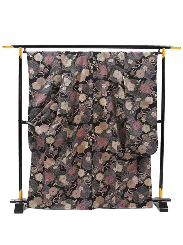 卒業式女性袴 振袖袴 黒 菊牡丹/ベージュ袴 0099