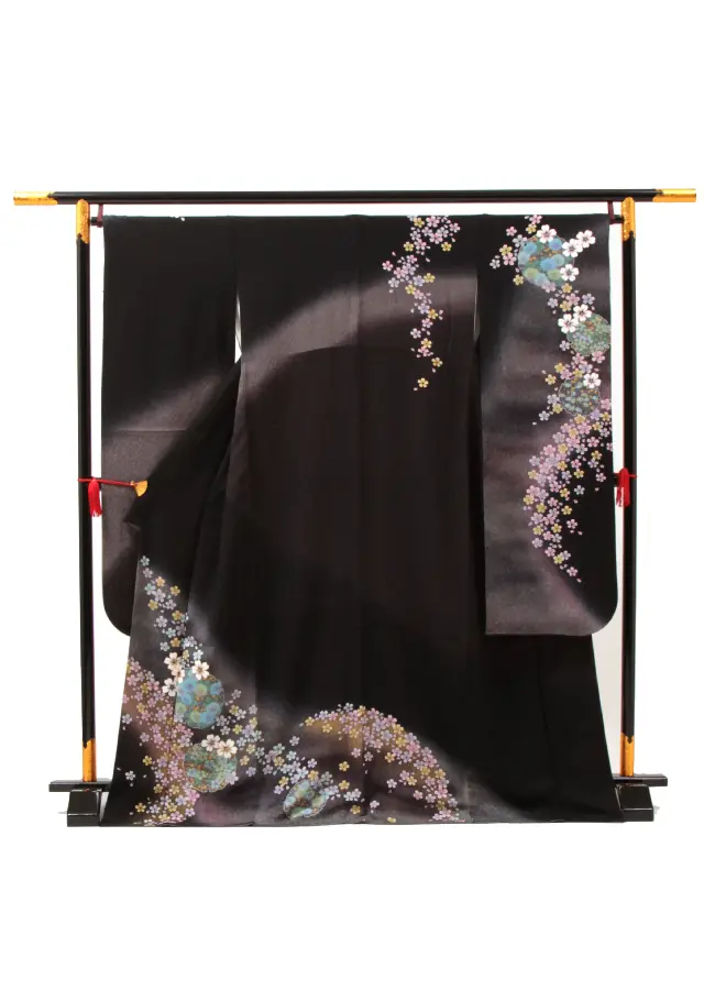 【正絹】卒業式女性袴 振袖袴 黒 桜 雪輪/ベージュ袴 0144