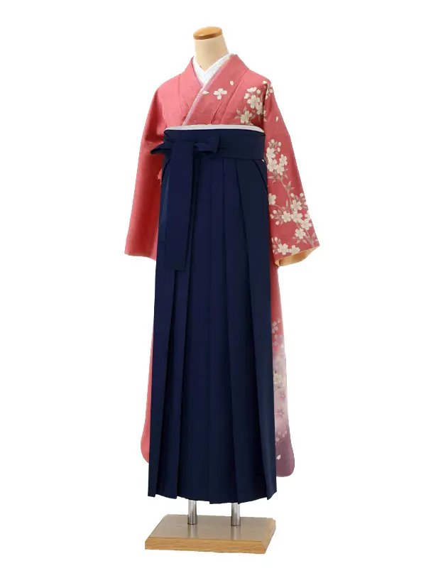 【正絹】卒業式女性袴 振袖袴 ピンク 桜/紺袴 0145