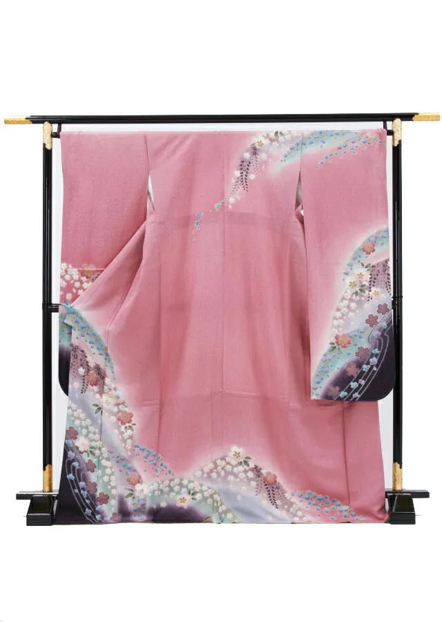 【正絹】卒業式女性袴 振袖袴 ピンク 桜 藤/紺袴 0153