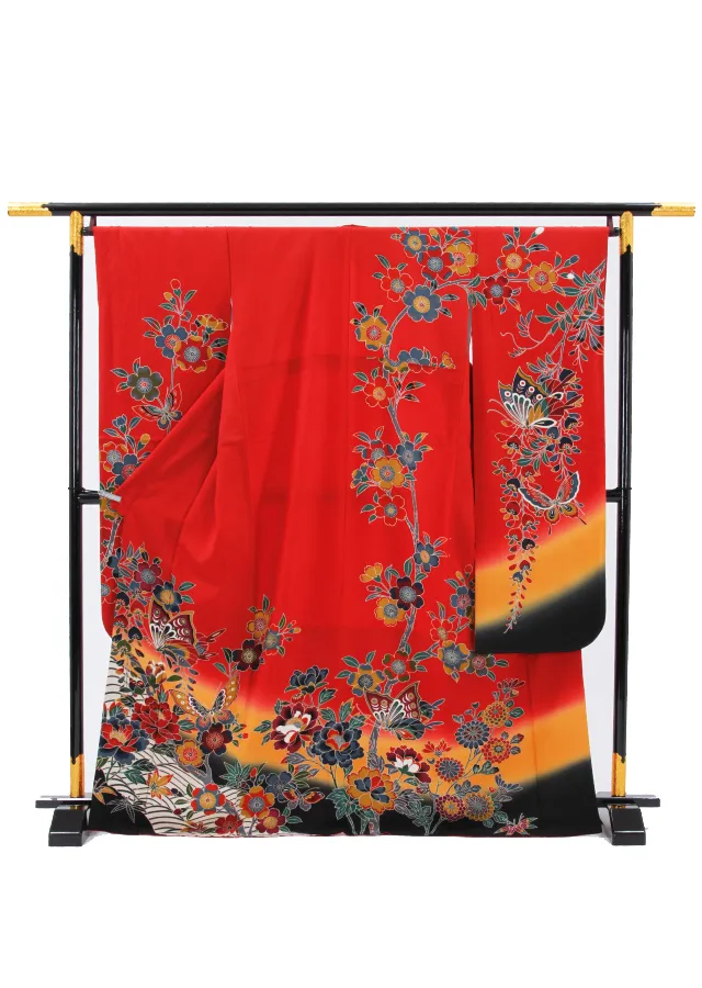【正絹】卒業式女性袴 振袖袴 赤 桜牡丹 蝶/黒袴 0156