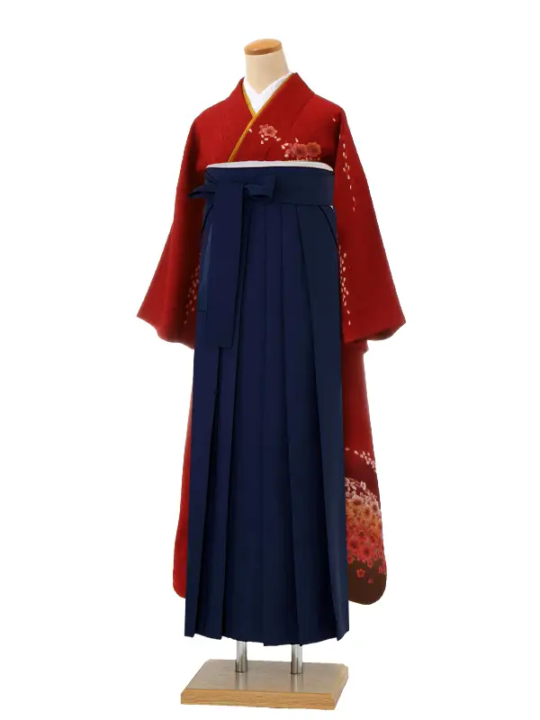 【正絹】卒業式女性袴 振袖袴 赤 桜 辻が花/紺袴 0157