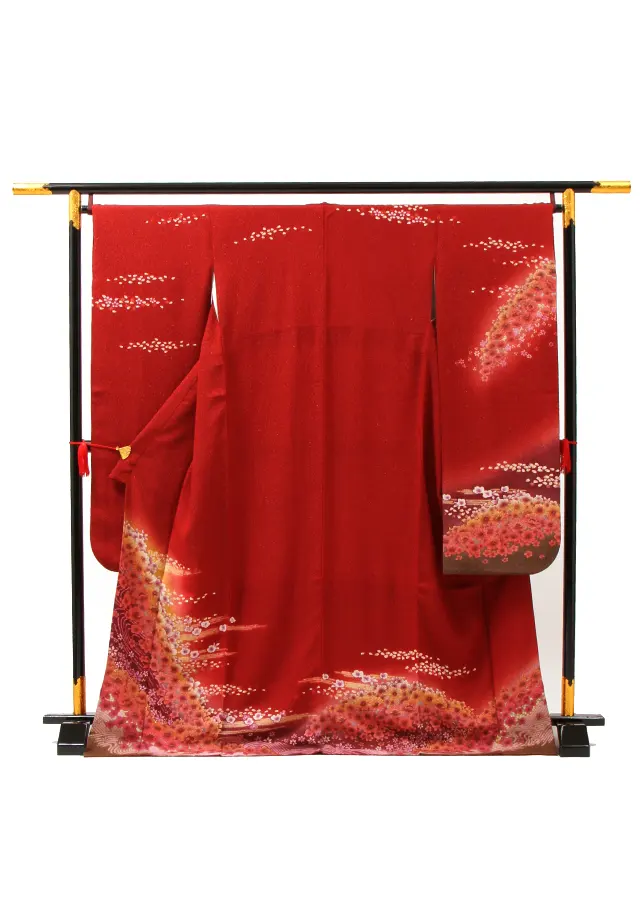【正絹】卒業式女性袴 振袖袴 赤 桜 辻が花/紺袴 0157