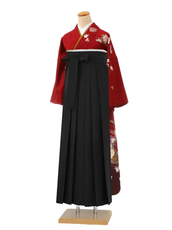 【正絹】卒業式女性袴 振袖袴 赤 四季花 牡丹梅菊桜/黒袴 0179