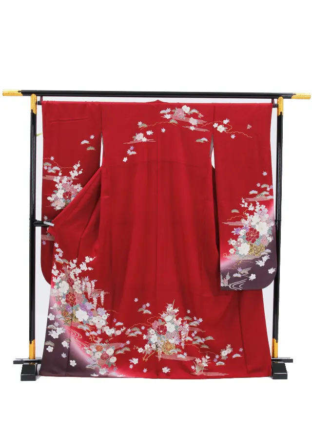 【正絹】卒業式女性袴 振袖袴 赤 四季花 牡丹梅菊桜/黒袴 0179