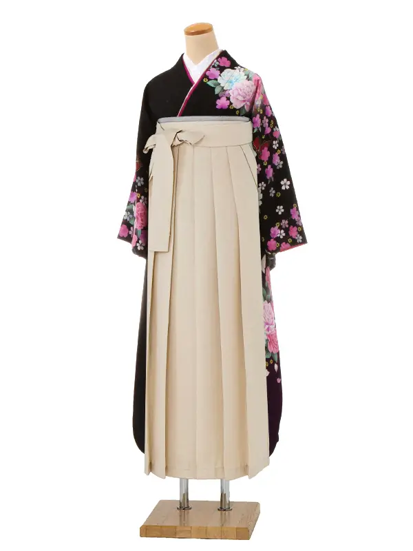 【正絹】卒業式女性袴 振袖袴 黒 桜 薔薇/ベージュ袴 0197