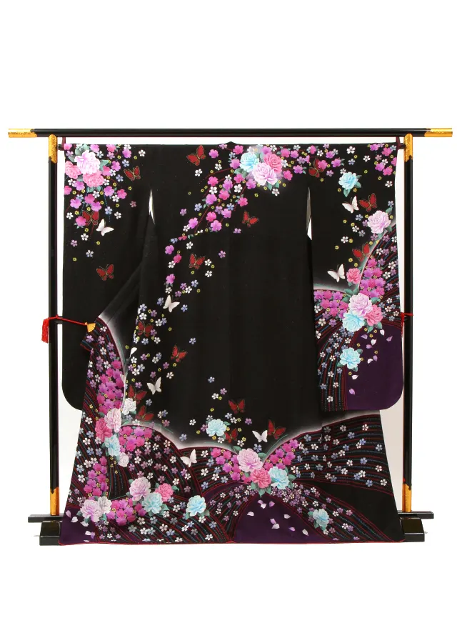 【正絹】卒業式女性袴 振袖袴 黒 桜 薔薇/ベージュ袴 0197