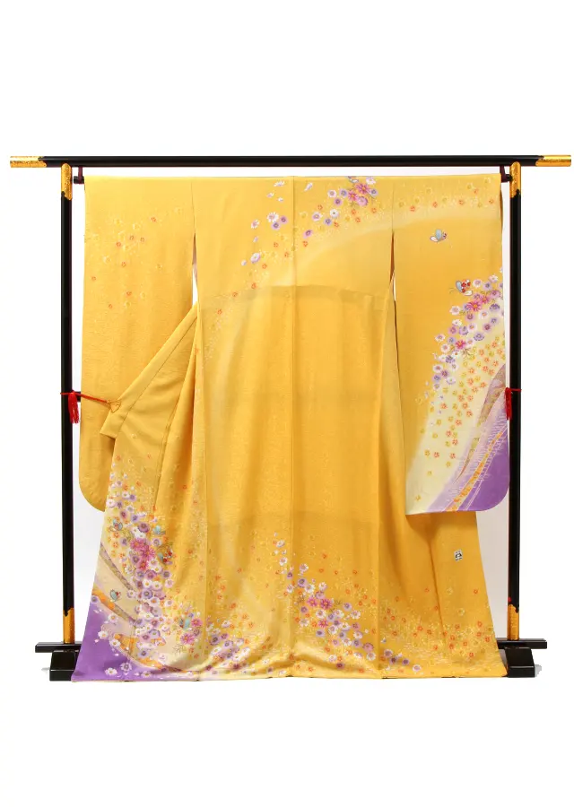 【正絹】卒業式女性袴 振袖袴 黄 菊 蝶/紺袴 0206