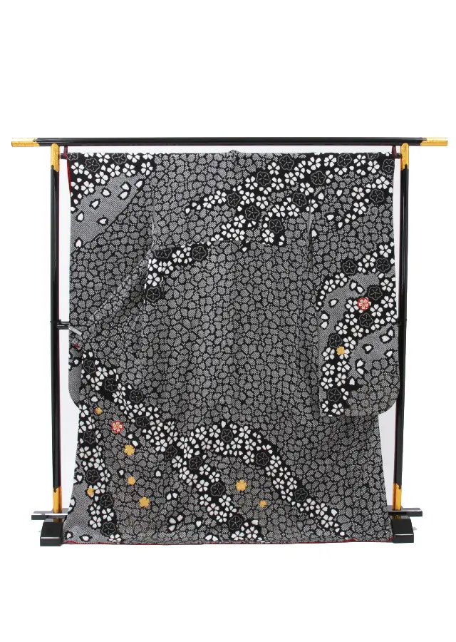 【正絹】卒業式女性袴 振袖袴 黒 桜 鹿の子絞り/黒袴 0208