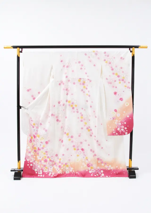 【正絹】卒業式女性袴 振袖袴 白 菊 牡丹/紺袴 0211