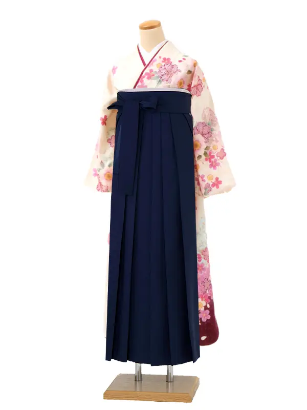 【正絹】卒業式女性袴 振袖袴 白 八重桜/紺袴 0214