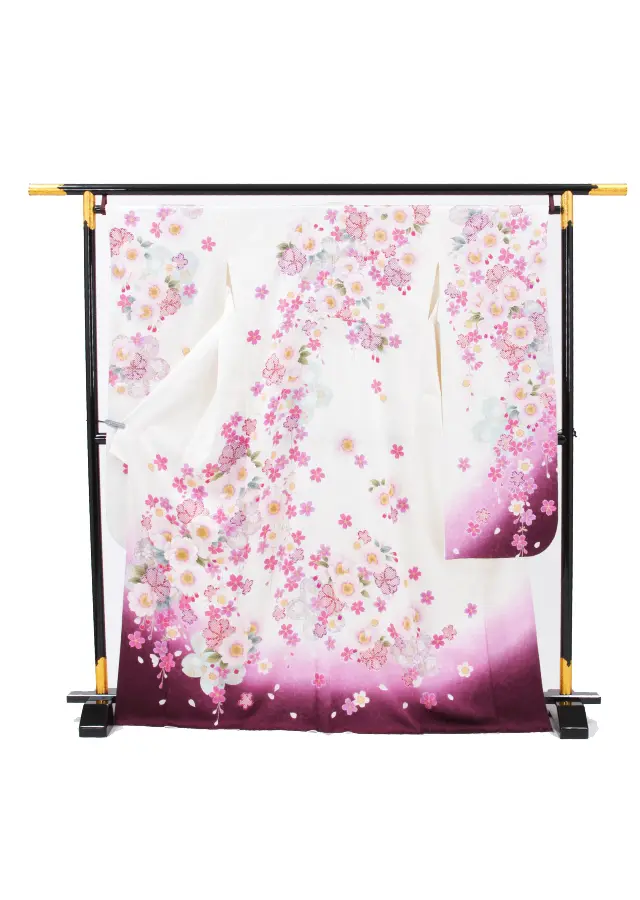 【正絹】卒業式女性袴 振袖袴 白 八重桜/紺袴 0214